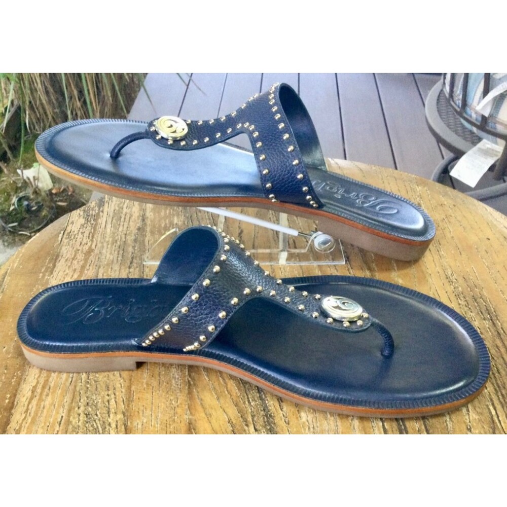 Brighton Size 8 Navy Sandals Pebbled Leather Contempo Alfa Thongs Studded Straps - Picture 4 of 9